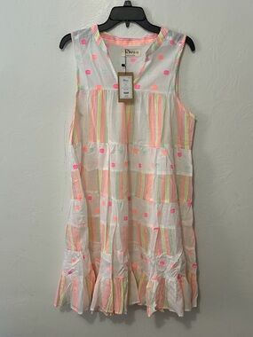 Rhea Lulu Mini Dress with Neon Pink & Pastel Stripe Details 100%cotton
